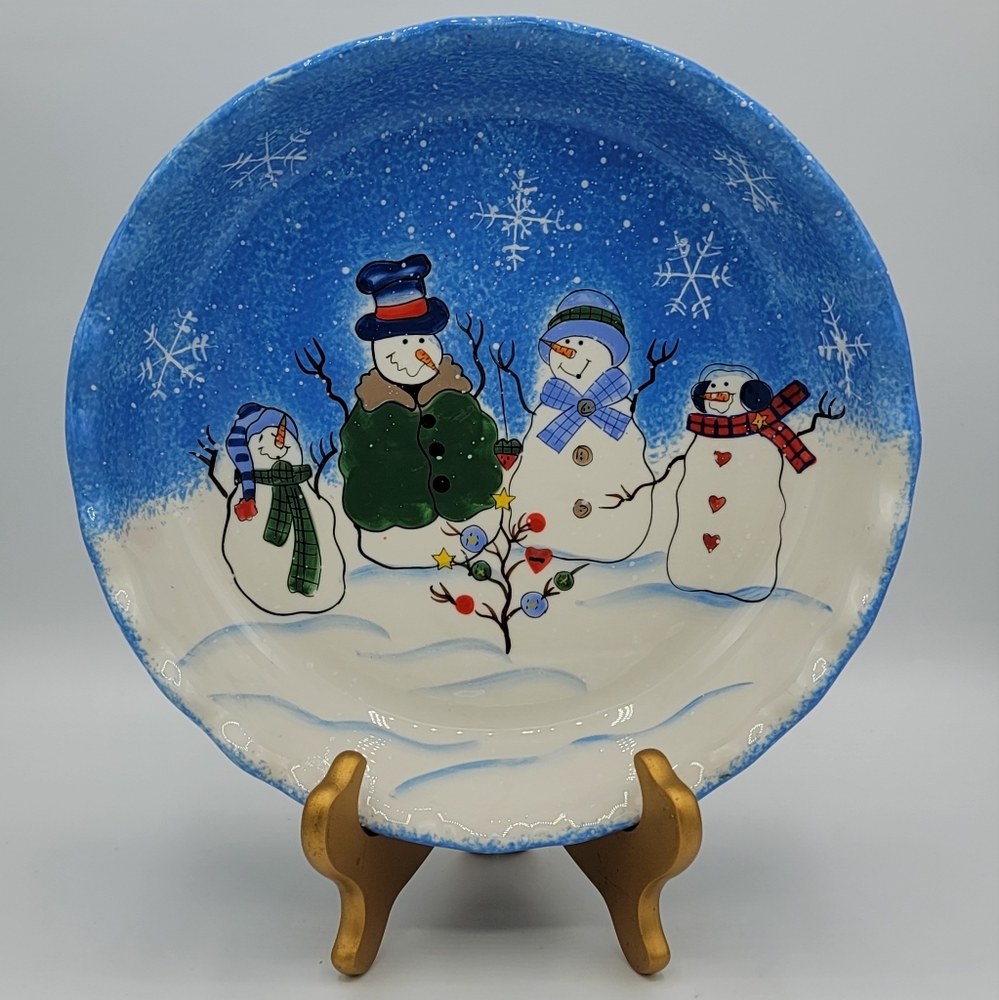 Sonoma Lifestyle Button Up Fluted Snowman Serving Bowl Pie Plate Winter Decor